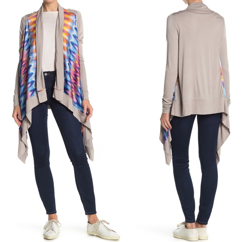 Vertigo Boho Open Front Drape Cardigan Tapue Multi Color Waterfall Jacket Medium - Picture 2 of 10